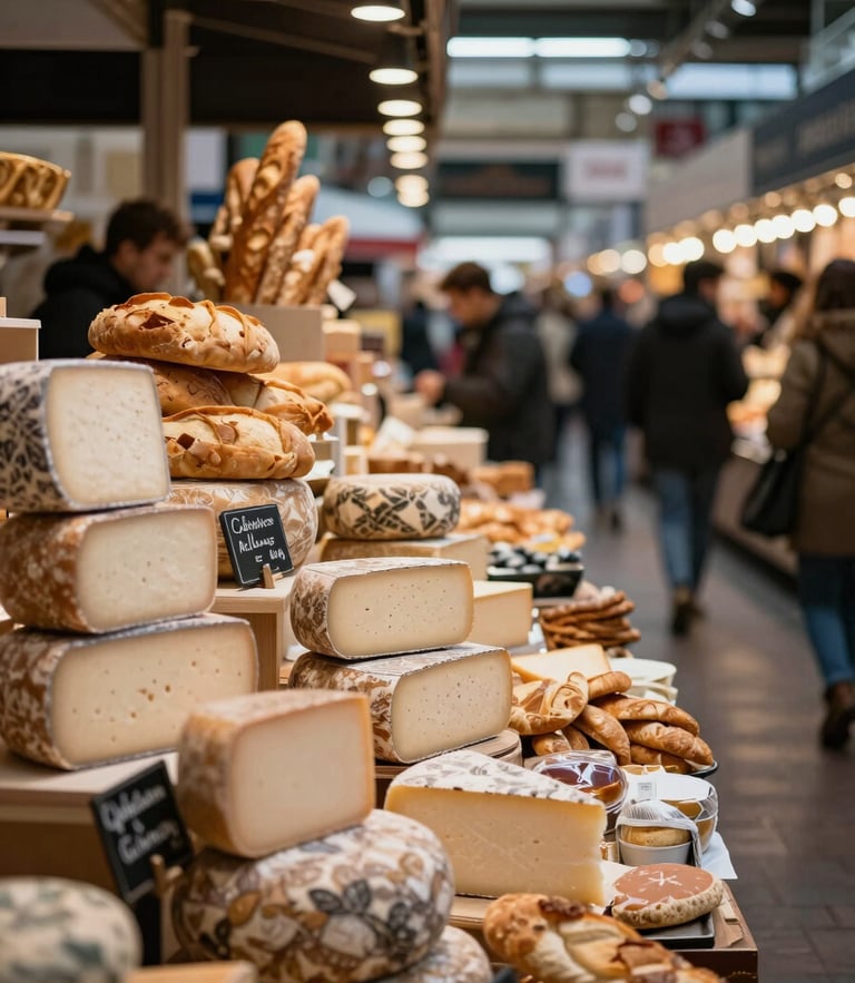 Bustling modern food market hall with artisanal cheese and bread stands, warm lighting, soft background blur