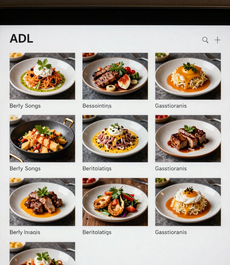 Capture d'écran épurée de l'application ADL montrant une grille de planification de contenu avec des photos de plats gastronomiques et des statistiques de croissance simples.