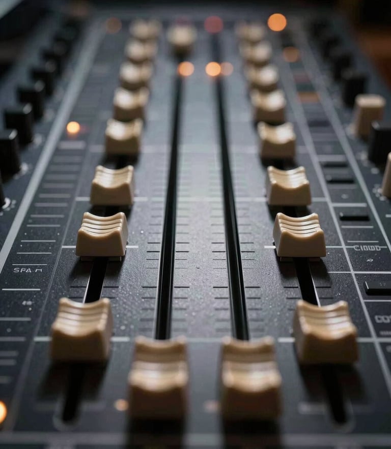 Symmetrical macro photograph of a professional studio soundboard, low-key dramatic lighting with sharp contrasts and subtle gold rim lights on the faders.