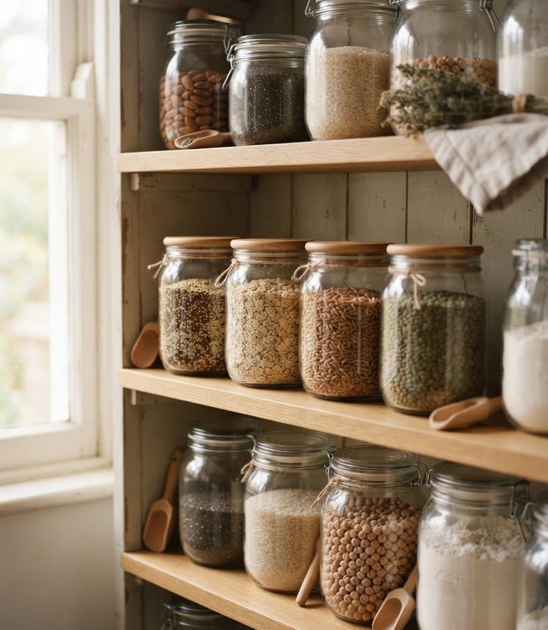 Medium-close-up of neatly organized pantry shelves with clean glass jars filled with organic grains, warm natural diffused coastal daylight, soft shadows, shallow depth of field.
