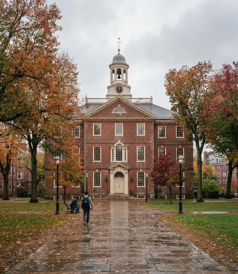 Symmetrical wide shot of a historic brick university hall in New England, overcast autumn sky, soft diffused daylight, scholarly atmosphere