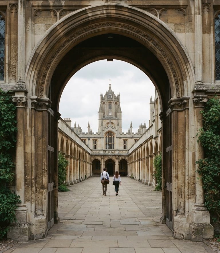 Symmetrical architectural framing of a historic European university stone archway, soft overcast daylight, muted scholarly tones, 35mm film look