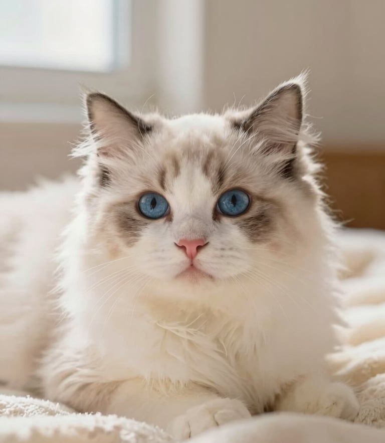 Close-up portrait of a fluffy Ragdoll kitten with deep blue expressive eyes, resting on a soft cream blanket, warm natural window light, shallow depth of field, 35mm