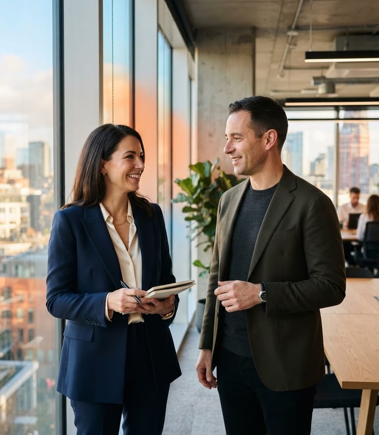 A professional portrait of two founders in a bright, sunlit modern office, natural window light with subtle blue and warm orange ambient reflections, clean editorial style