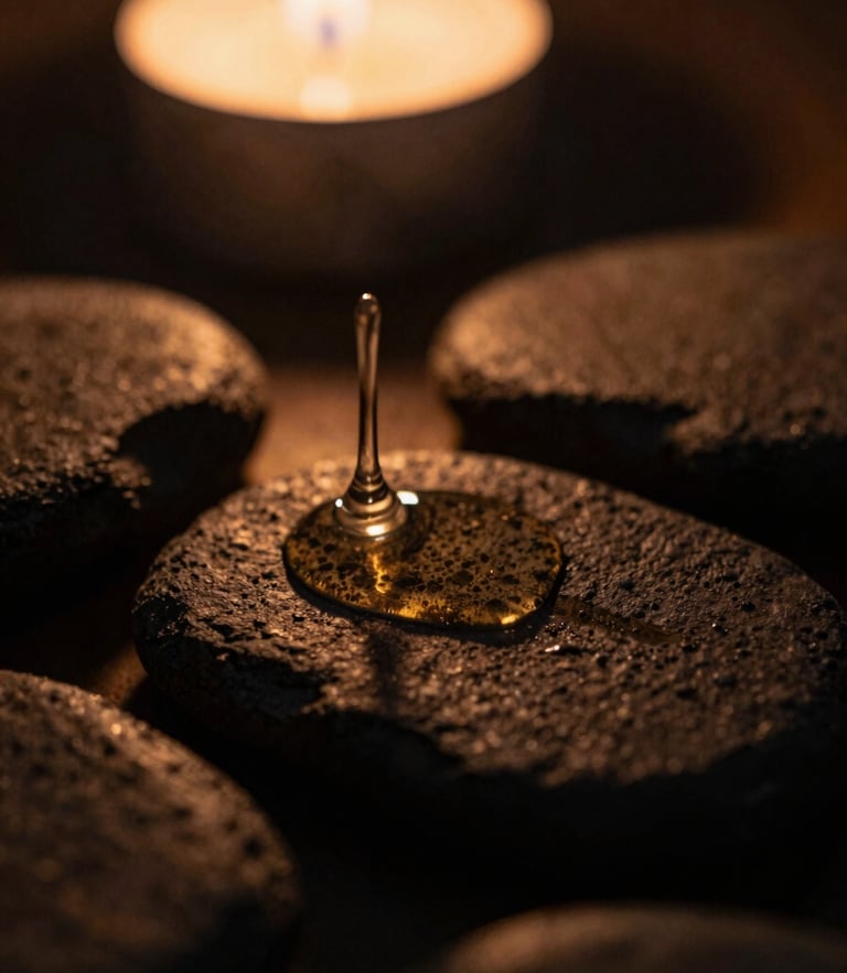 Macro close-up of warm oil trickling onto dark basalt stones, soft candlelight casting deep shadows, rich bronze tones, shallow depth of field