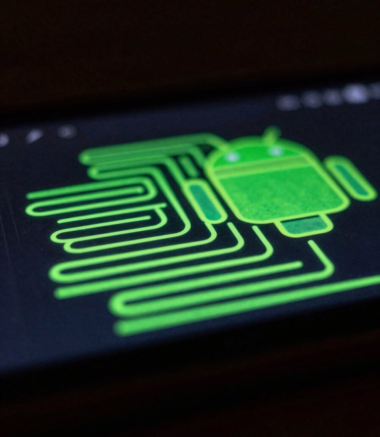 Macro close-up of an Android screen in a dark room, glowing neon green vector lines of a sketching app, high contrast, 35mm depth of field