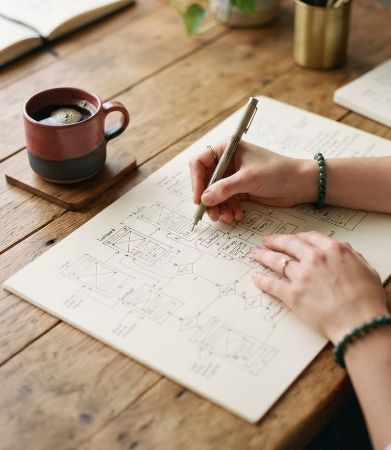 Close-up macro shot of hands sketching user flows on a warm wooden table, a simple ceramic coffee cup nearby, soft diffused north-facing daylight with rich natural shadows, 35mm photography