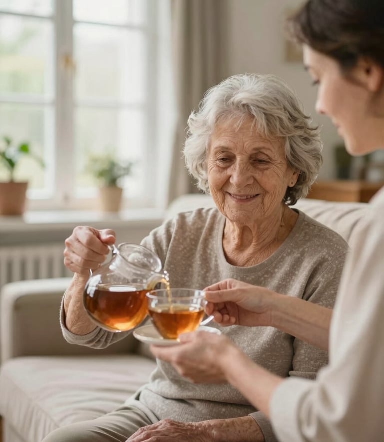 A warm, natural light photograph of an elderly woman smiling while a caregiver gently pours tea in a cozy, sunlit Dutch living room, shallow depth of field.