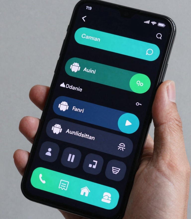 A tight close-up of a hand holding a modern Android device showing a clean, high-contrast system utility interface with vibrant cyan accents under sharp digital studio lighting.