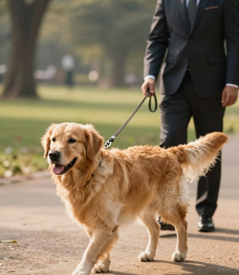 A beautiful Golden Retriever walking gracefully on a leash next to a neatly dressed handler in a clean, sunlit Mumbai park, warm editorial photography, 35mm