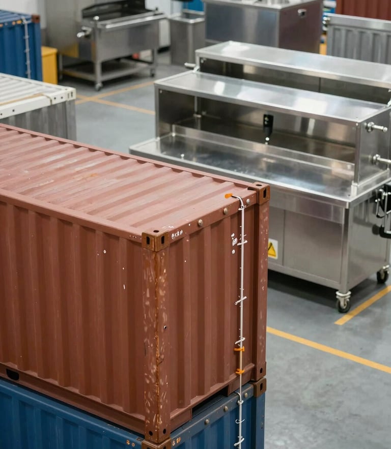Bright, clean, clinical shot of a Chennai logistics warehouse bay with organized high-volume cargo containers and stainless steel commercial prep equipment in the background