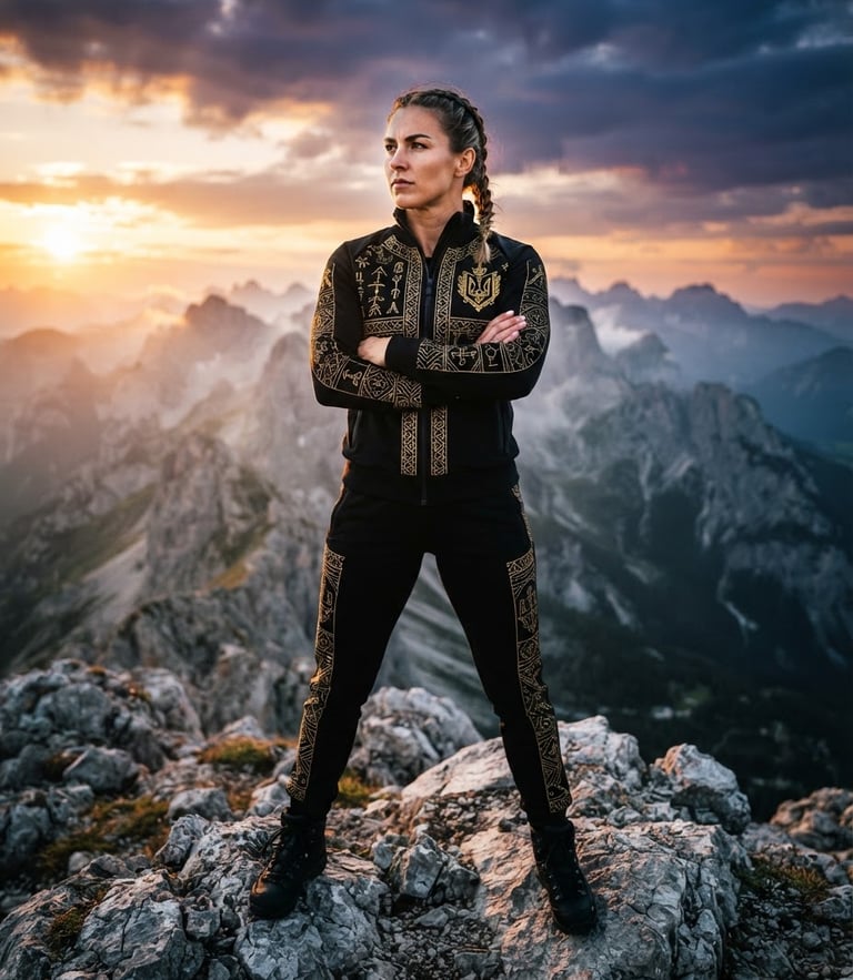 Low-angle heroic portrait of a Caucasian model in a powerful stance, wearing a custom black embroidered tracksuit, dramatic mountain side-lighting, obsidian and gold tones, sharp focus, 35mm