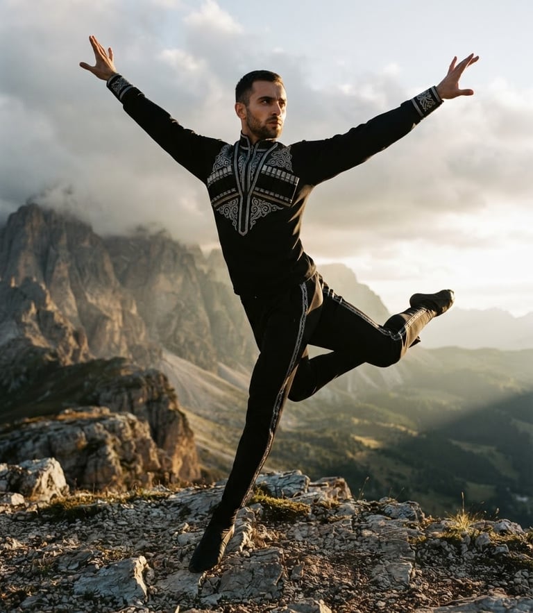 Low-angle heroic shot of a model in a black custom-embroidered Kafkasstyle tracksuit, dynamic pose evoking traditional Caucasian dance stance, dramatic mountain sunlight, high-contrast side-lighting, 35mm
