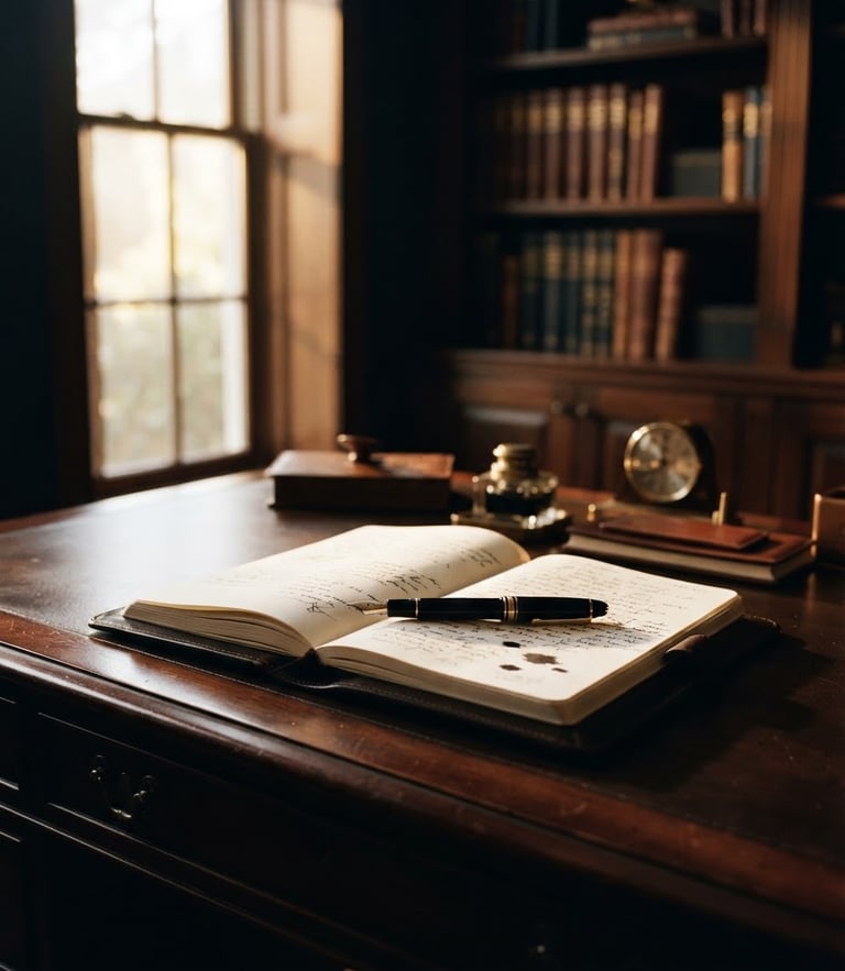 Cinematic editorial photography, dramatic high-contrast lighting, deep navy and warm gold tones, sharp focus, 35mm film grain, a single executive desk with an open journal and a fountain pen, soft morning light streaming through a tall window.
