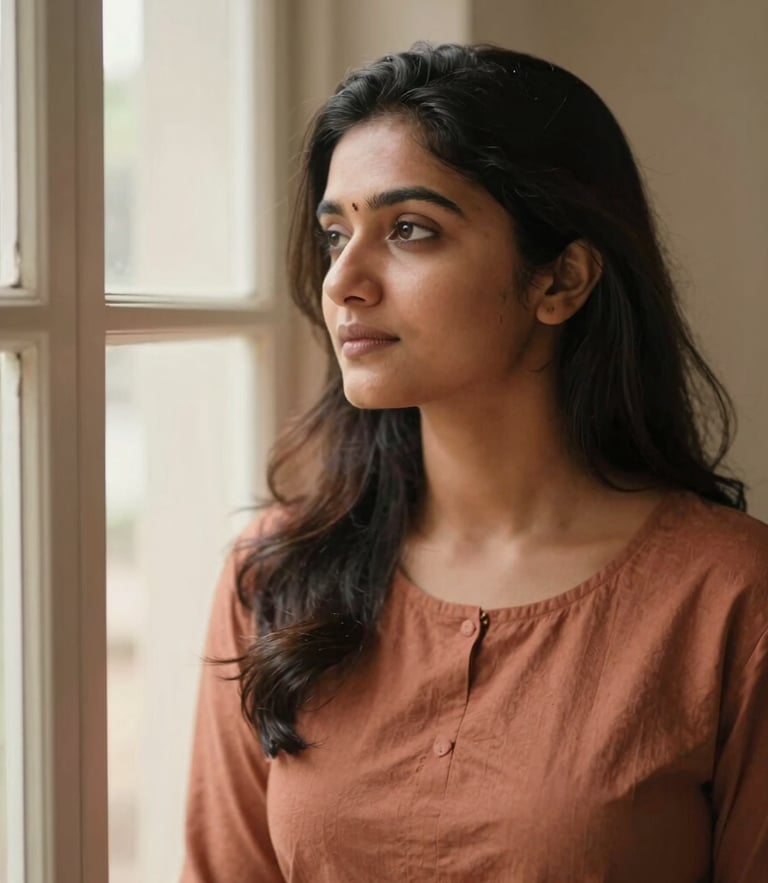 A warm environmental portrait of Sanjana Om looking thoughtfully out a window, soft natural daylight, muted terracotta and cream tones, shallow depth of field, 35mm
