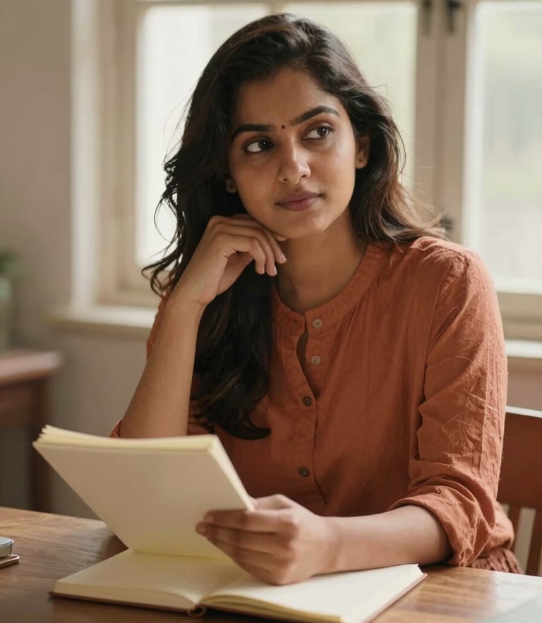 A warm, natural portrait of Sanjana Om sitting by a wooden desk with soft window light, looking thoughtful, holding an open notebook, terracotta and cream tones.
