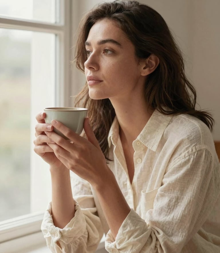Warm environmental portrait of a woman sitting thoughtfully near a large window, soft morning light, cream linen shirt, holding a ceramic cup, shallow depth of field, 35mm