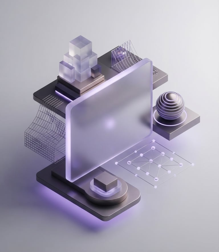 sleek 3D user interface render of a developer portfolio screen, clean studio lighting with soft violet glows, ultra-minimalist aesthetic, front-facing perspective