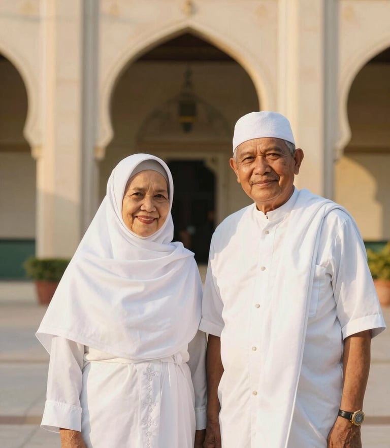 A serene portrait of an Indonesian elderly couple in clean white ihram, smiling peacefully with the soft-focus architectural arches of Masjid Nabawi in the background, warm golden hour light, 35mm photography.