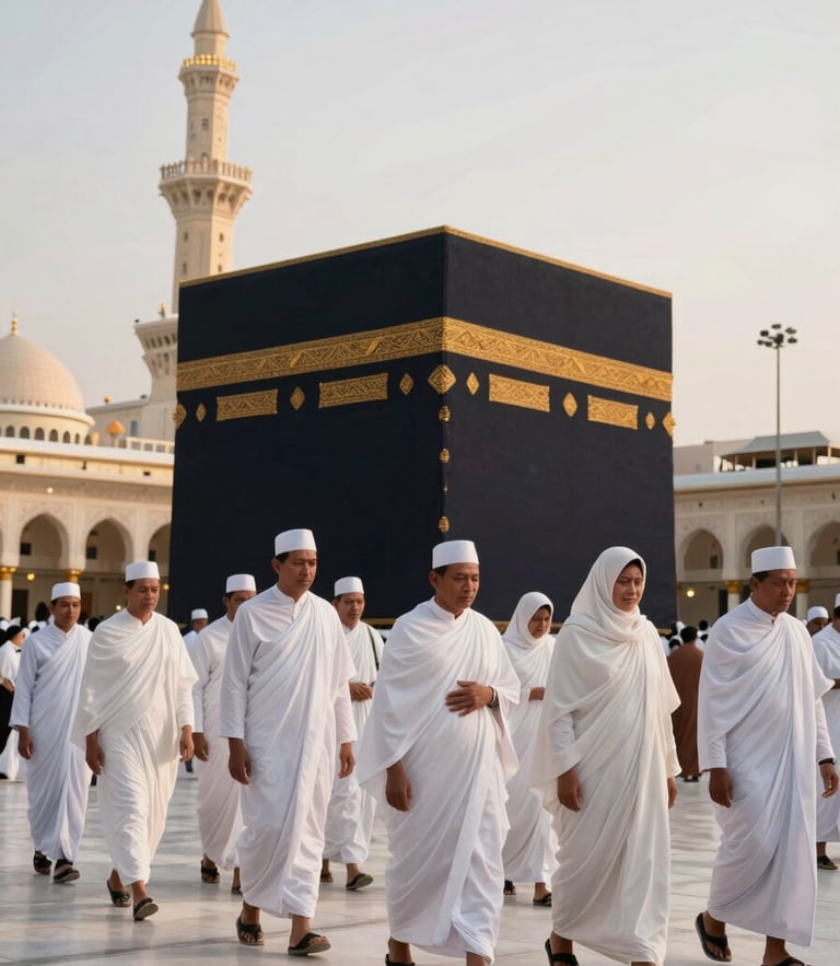 A serene wide shot of the Ka'bah during golden hour, with elegant Indonesian pilgrims in clean ihram walking peacefully, warm editorial photography style.