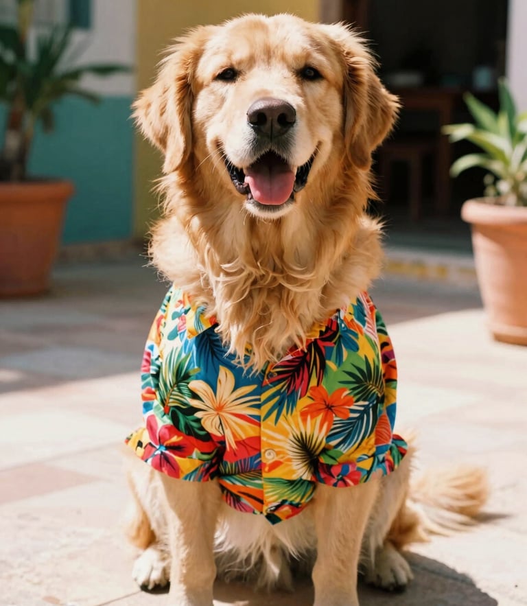 A joyful golden retriever wearing a vibrant tropical shirt, sitting on a sunny patio in Mexico, warm daylight, 35mm film style