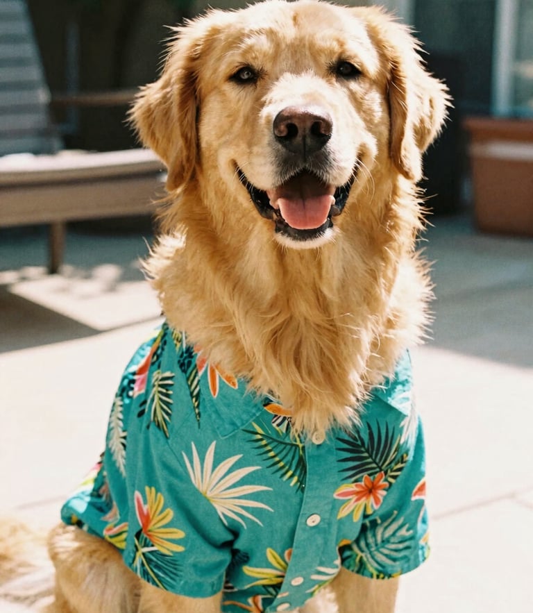A happy golden retriever wearing a vibrant tropical teal shirt, sitting on a sunny patio, eye-level shot, warm natural daylight, 35mm film style