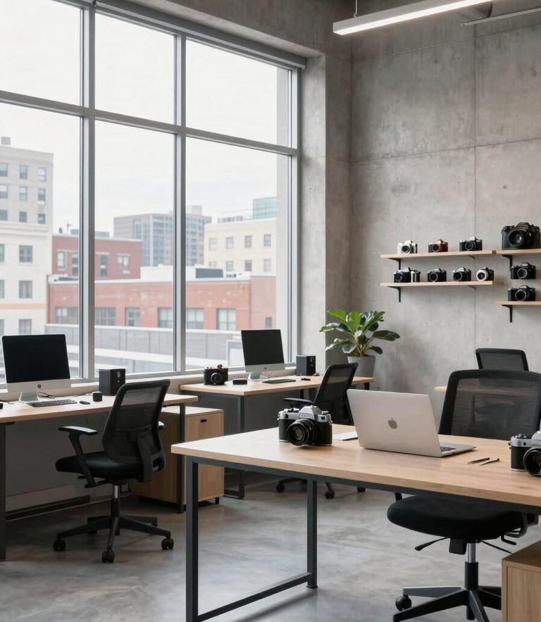 A sharp, modern Toronto creative studio with concrete walls, natural overcast daylight pouring through large windows, clean desks, 35mm photography