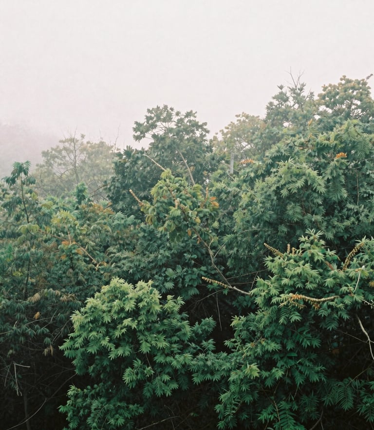 Calming film photography of a quiet misty green forest canopy, soft diffused overcast daylight, muted earth tones, 35mm