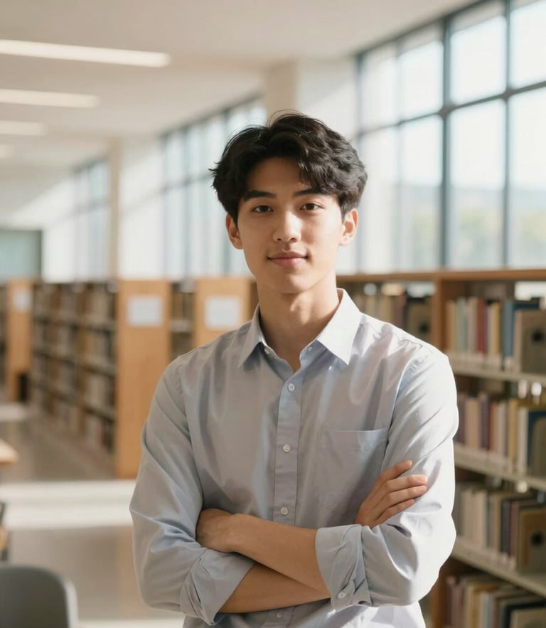 Medium portrait shot of a confident young scholar in a modern, sunlit university library, warm daylight, 35mm lens