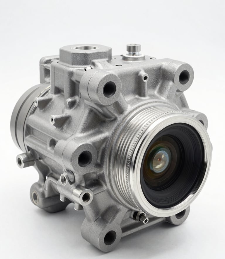 Sharp industrial product photography of a machined metal automotive AC compressor, bright high-key studio lighting, cool metallic tones, crisp details, 50mm lens