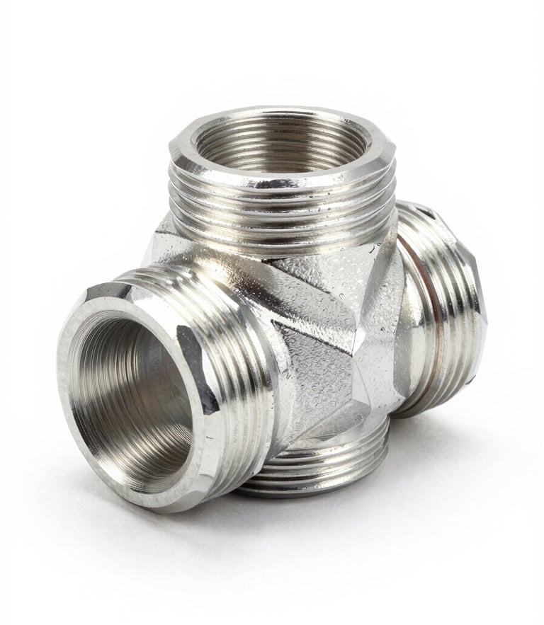Sharp industrial product photography of a CNC-machined aluminum automotive AC hose fitting, bright high-key studio lighting, cool metallic tones, crisp details, 50mm lens