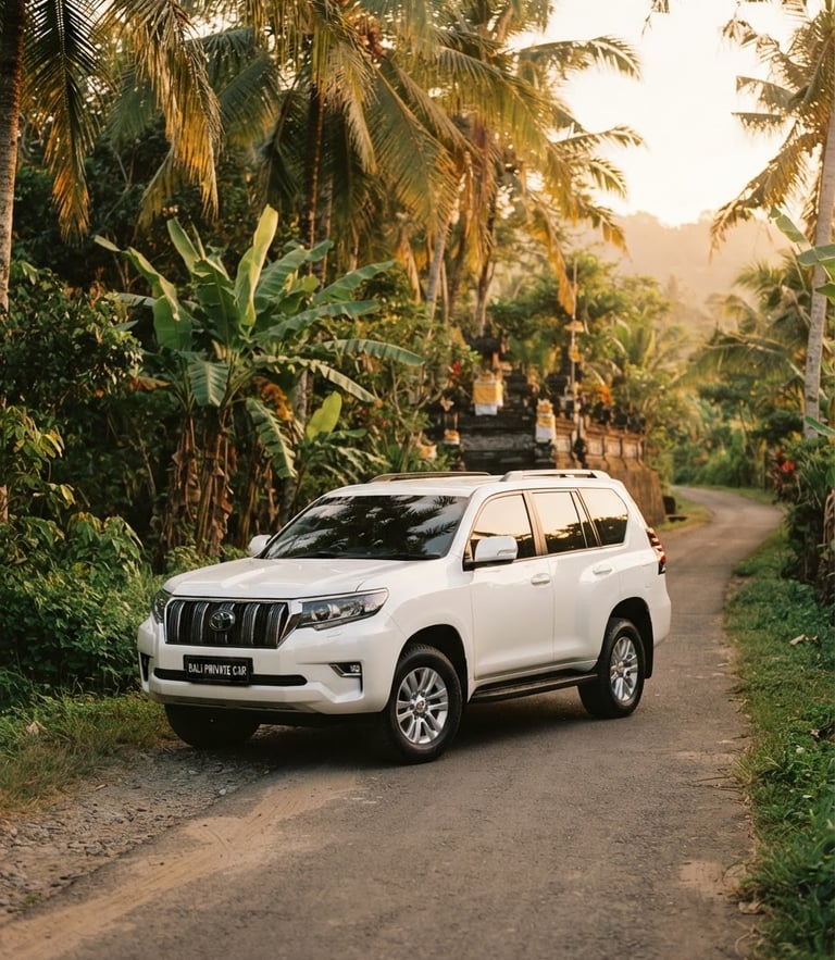 A clean, air-conditioned private SUV parked on a quiet Balinese road lined with lush palm trees, warm golden hour light, soft editorial travel photography style.