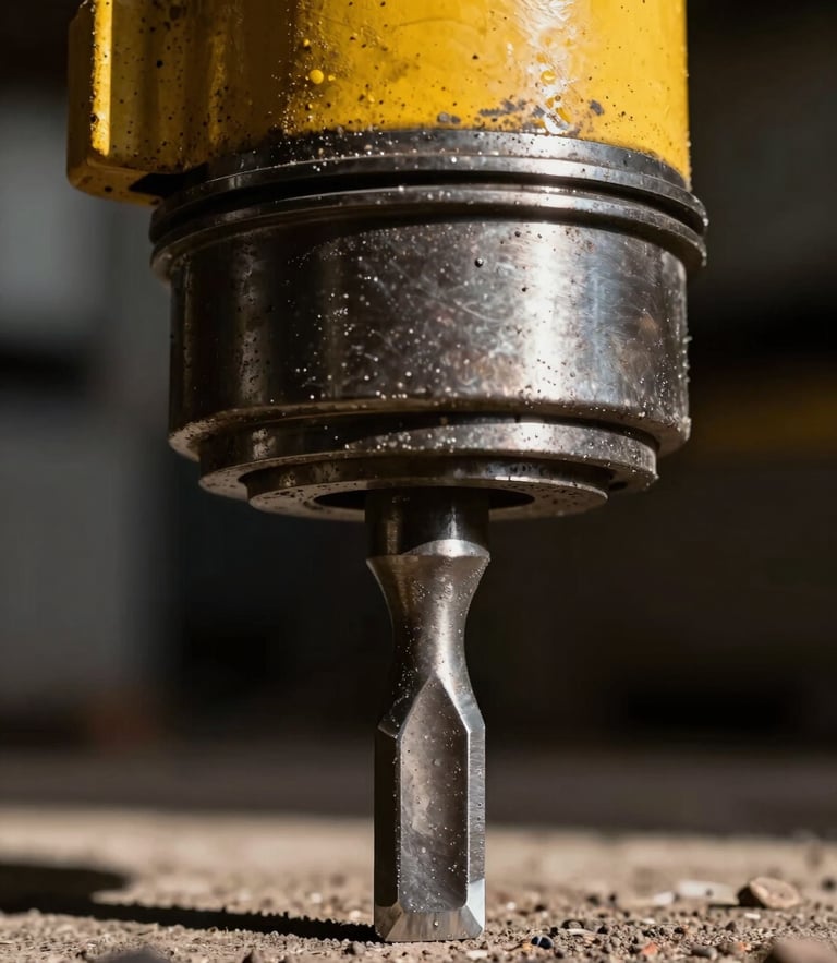Macro close-up of a steel chisel and piston of a hydraulic breaker, high-contrast workshop lighting with yellow highlights, rugged industrial photography, 35mm.