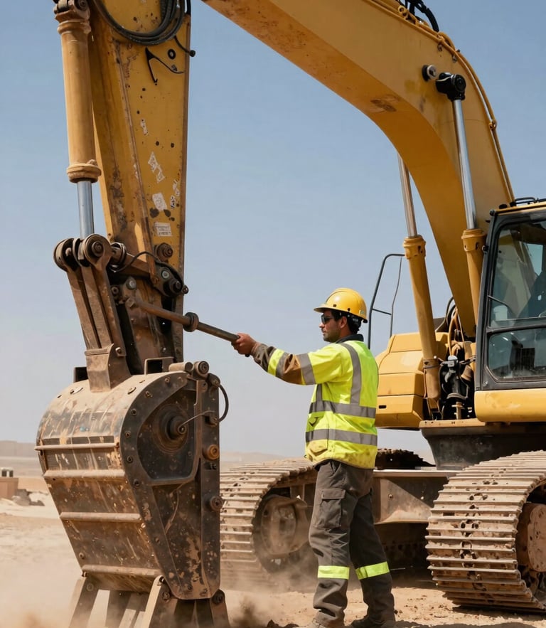 Low-angle heroic shot of a heavy excavator hydraulic breaker being serviced by a technician in high-vis safety gear, harsh desert sunlight, dust, industrial yellow highlights, 35mm