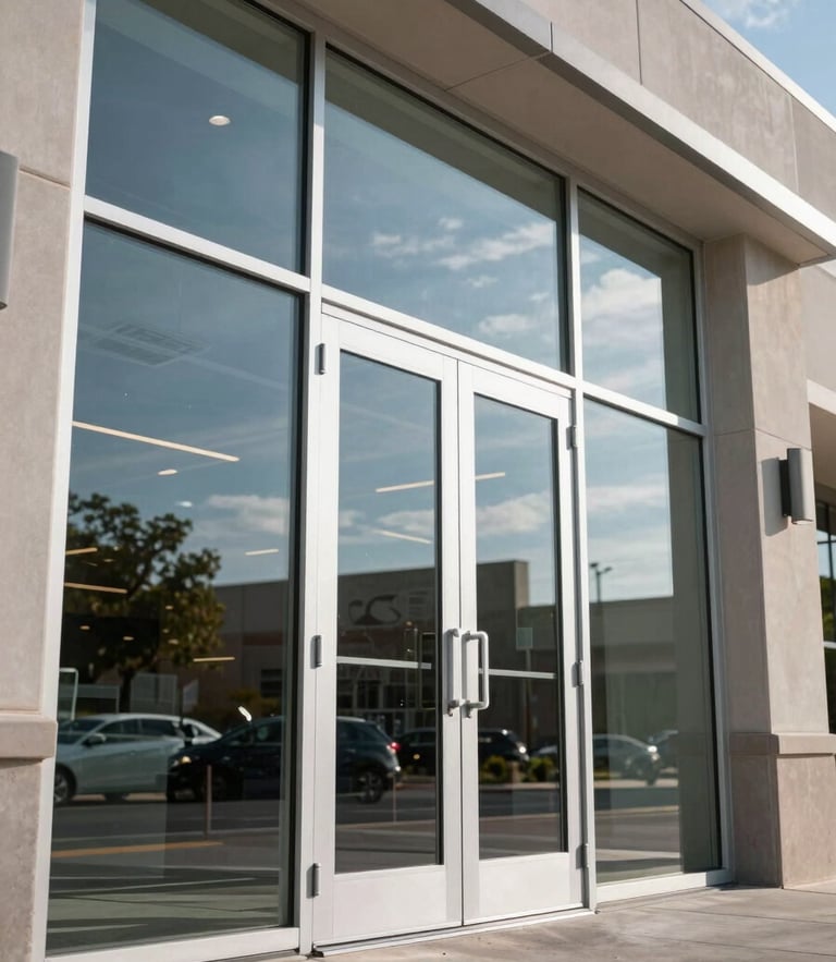 Low-angle shot of newly installed aluminum storefront glass and automatic sliding doors in a modern Houston commercial plaza, clear reflections of bright Texas sky.