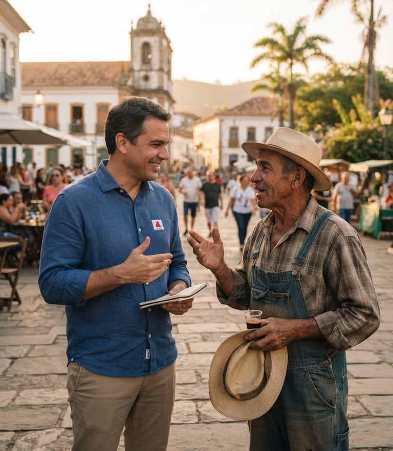 Medium environmental portrait of Representative Rafael Martins talking with a local farmer in a sunny town square in Minas Gerais, warm golden-hour light, soft depth of field.