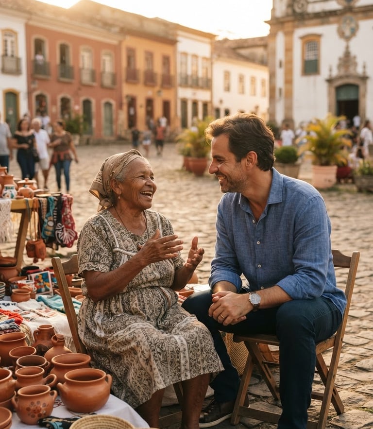 Environmental portrait of Rafael Martins in warm golden hour light, smiling and talking directly with an elderly local artisan in a historic town square of Minas Gerais, soft depth of field.