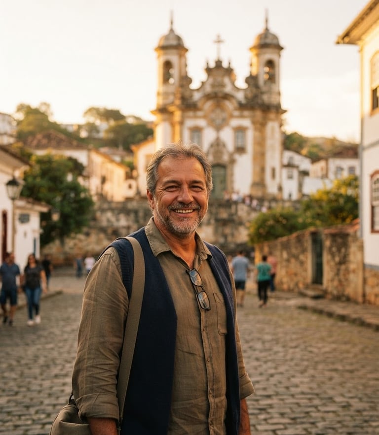 Warm environmental portrait of Rafael Martins smiling, golden-hour natural light, historic baroque church of Minas Gerais softly blurred in the background, rich organic tones, soft depth of field, authentic documentary style
