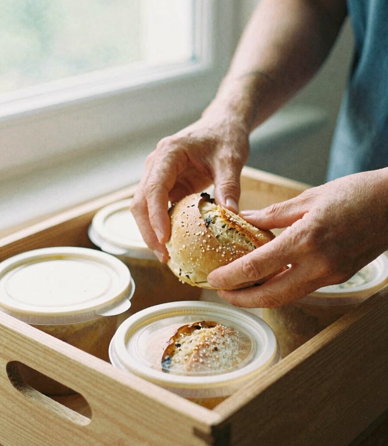 Close-up of a volunteer's hands carefully packing fresh bread and warm soup containers into a wooden delivery box, soft natural window light, earthy organic tones, 35mm film look