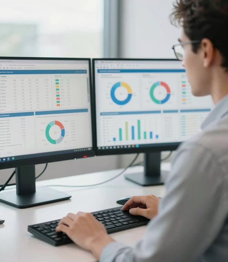 A medium close-up of a professional administrator in a bright modern office, working with a dual-monitor setup showing data analytics dashboards, clean daylight, professional atmosphere.