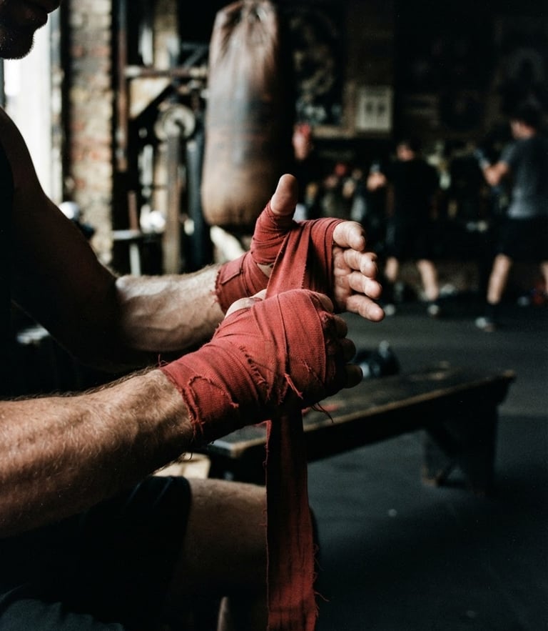 Close-up of an athlete's hands wrapping in red cotton wraps, high-contrast side lighting with dramatic shadows, gritty gym texture, 35mm film