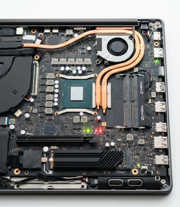 Macro shot of a high-end laptop motherboard, glowing indicator lights, clean white studio background, bright high-key lighting, sharp details, 50mm lens