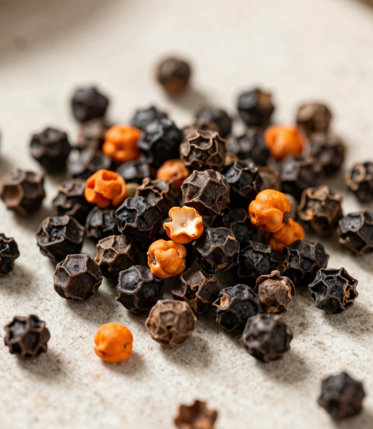 Overhead macro shot of vibrant whole black peppercorns and orange achiote seeds on a clean stone surface, soft warm natural daylight, shallow depth of field