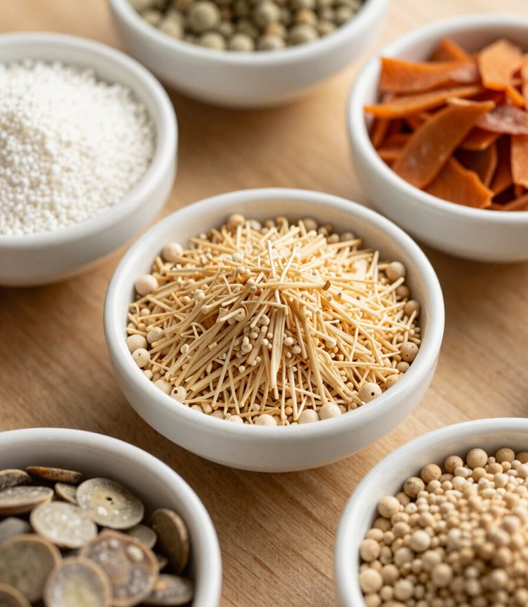 Overhead clean composition of bulk food ingredients in white ceramic bowls, warm natural daylight, soft shadows, professional culinary supply style