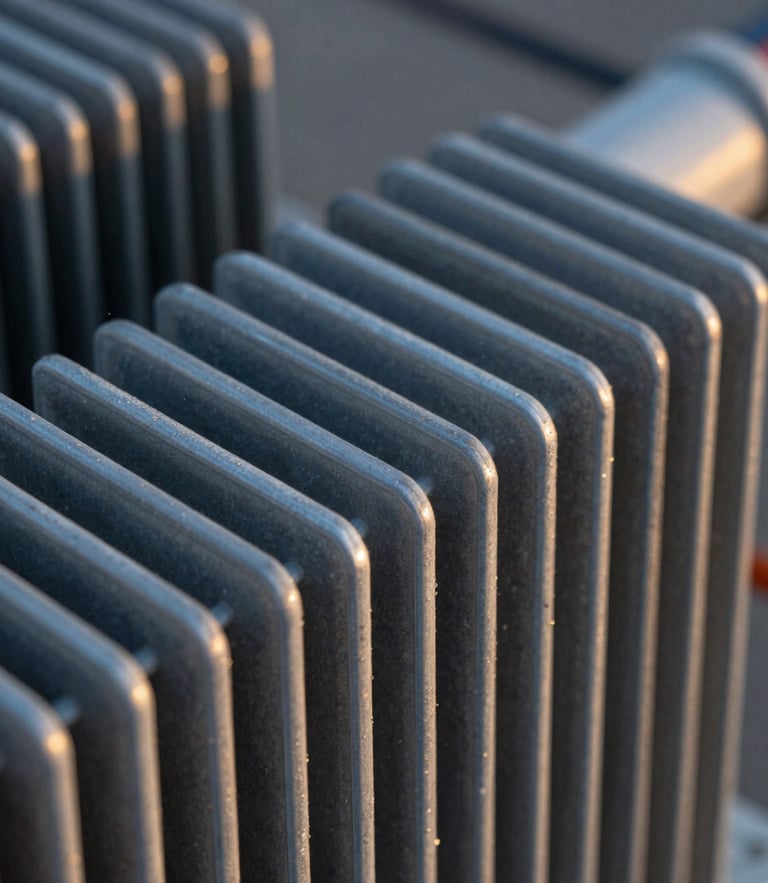 Macro close-up of a high-voltage transformer cooling fin coated with advanced passive polymer, intense metallic texture, high-contrast twilight lighting