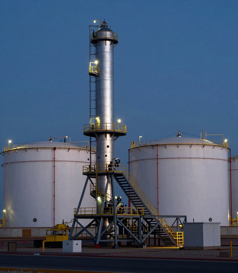 Cinematic twilight shot of an LNG storage facility in the MENA region, deep blue hour lighting, sharp metallic structures, dramatic high-contrast industrial scale