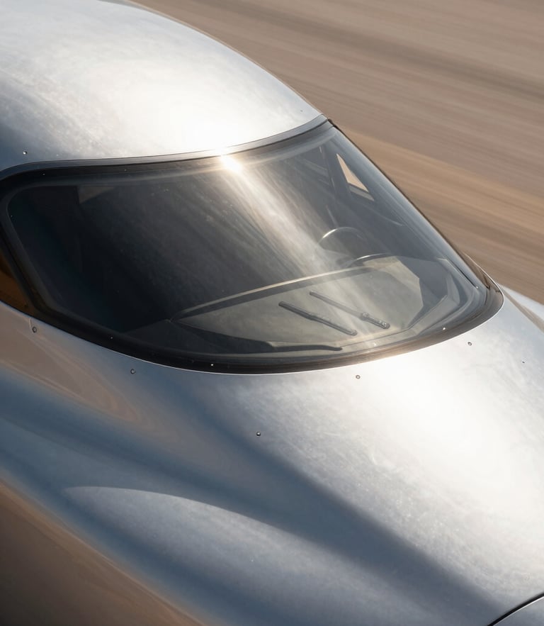 Macro engineering close-up of a high-speed transport vehicle roof under intense high-contrast desert sunlight, showing precise platinum-toned polymer shield integration, deep shadows.