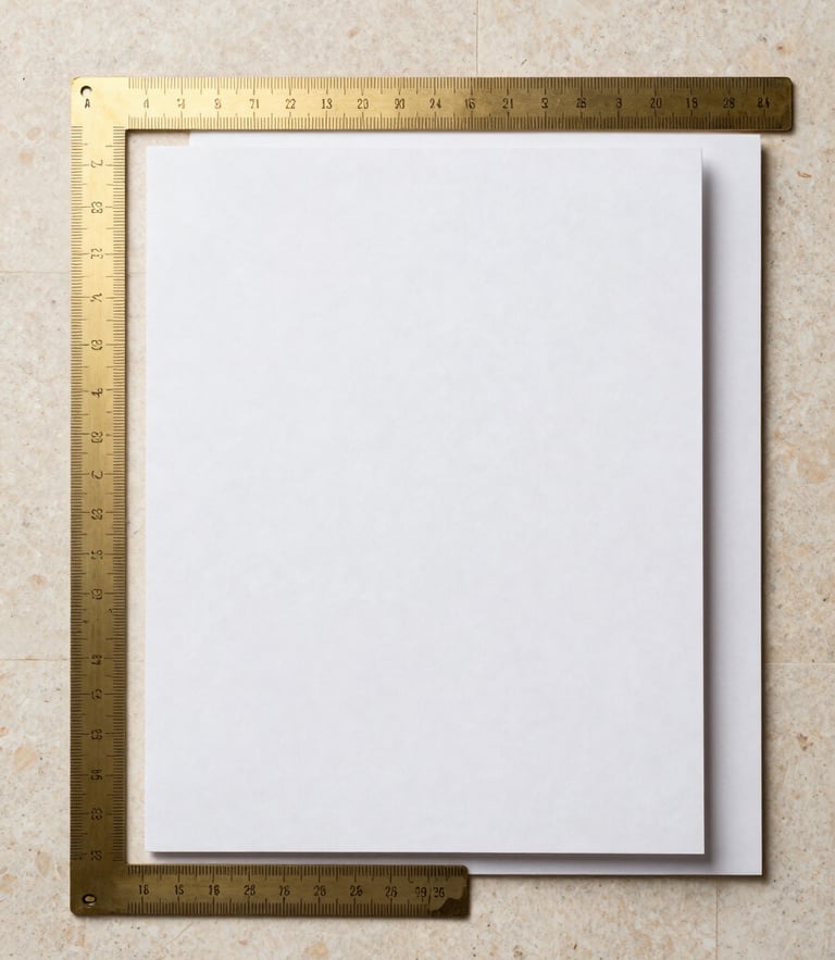 Minimalist flat-lay of professional graphic design tools, brass rulers, and premium paper stock on a warm stone surface, soft natural side-light, 50mm lens