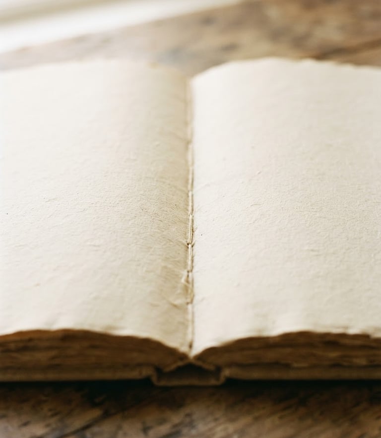 Close-up of an open book showing heavy cream paper texture, soft window daylight, rich cream tones, shallow depth of field, 35mm film.