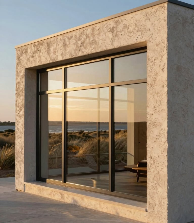 Low-slung modern pavilion with textured plaster walls and large glass panes reflecting coastal dunes at golden hour